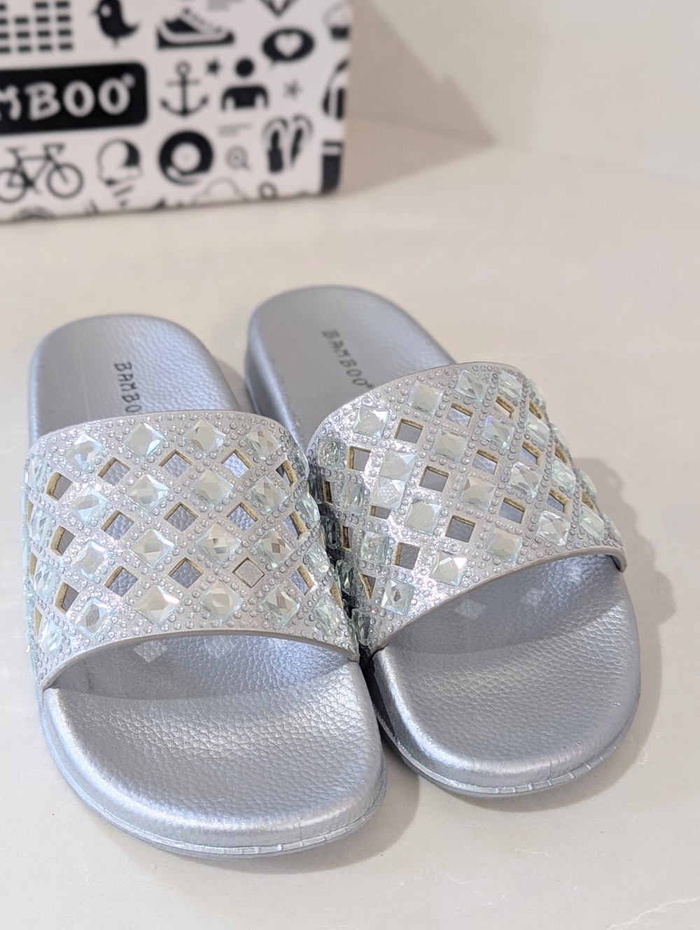 BAMBOO Silver Jeweled Slide Sandals - Picture 5 of 6